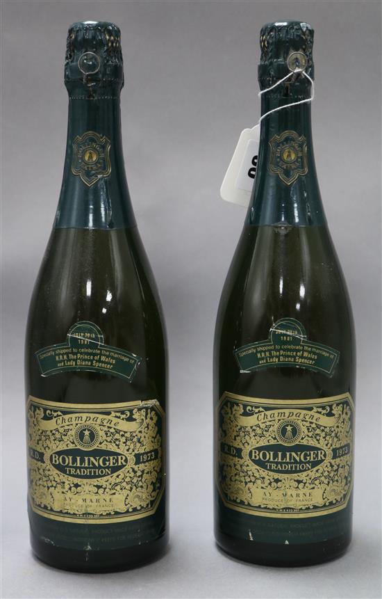 Two bottles of Bollinger Tradition champagne 1973 shipped to celebrate the marriage of HRH Prince Wales & Lady Diana Spencer, 75cl.